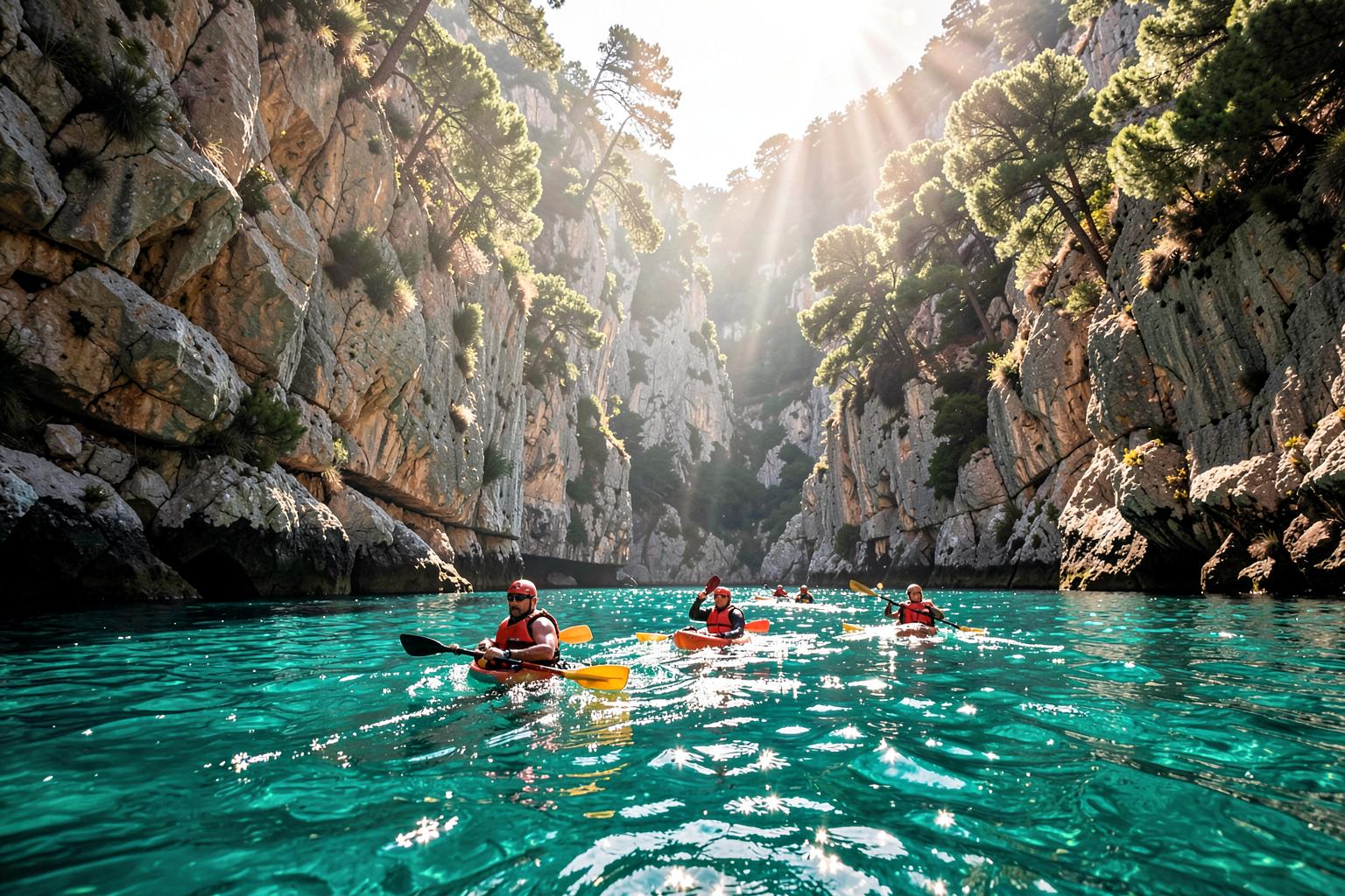 Kayaks en aguas turquesas entre paredes de roca de un desfiladero en la provincia de Málaga
