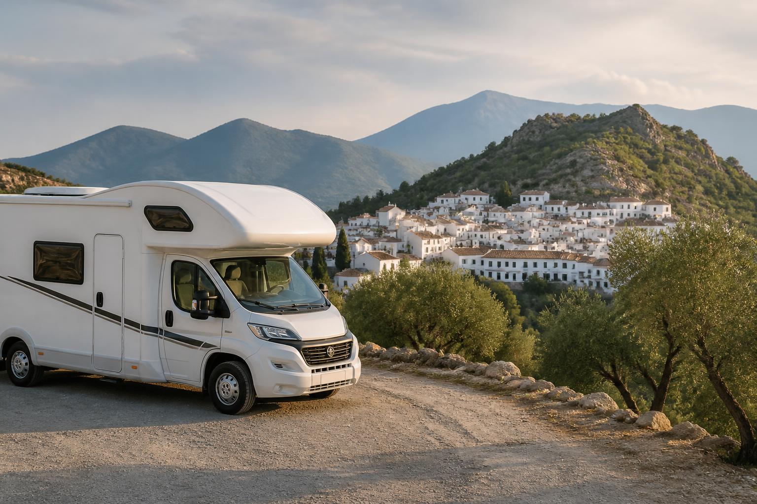 Autocaravana blanca aparcada en un mirador de la provincia de Málaga con pueblos blancos al fondo