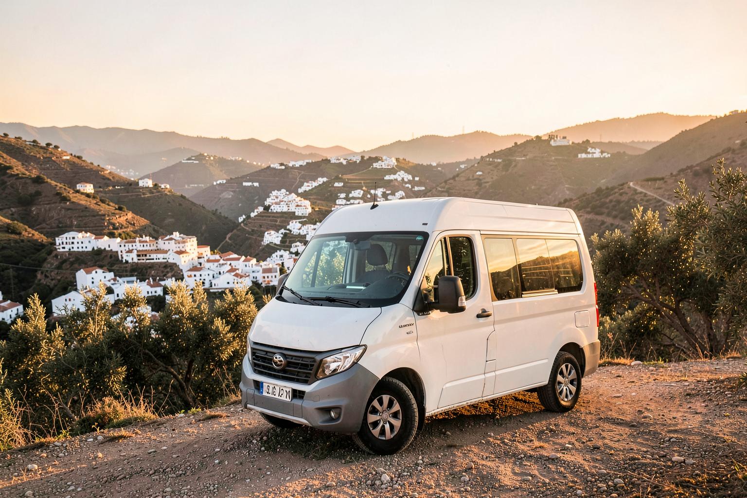 Autocaravana blanca aparcada en un mirador de la provincia de Málaga con pueblos blancos al fondo