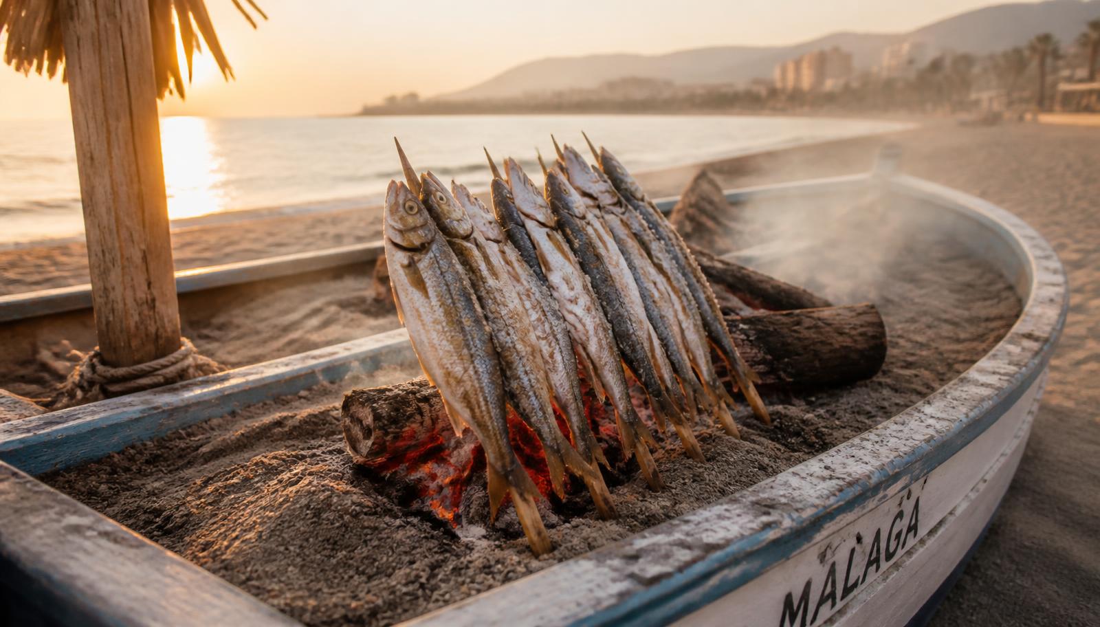 Sardinas ensartadas en cañas asándose sobre brasas de leña en una barca llena de arena en una playa de Málaga