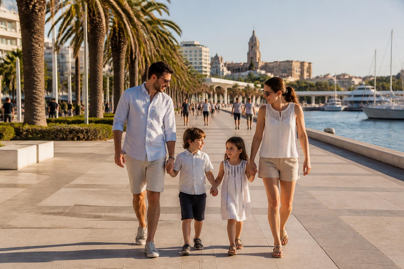 Familia paseando junto al puerto de Málaga con palmeras y barcos al atardecer