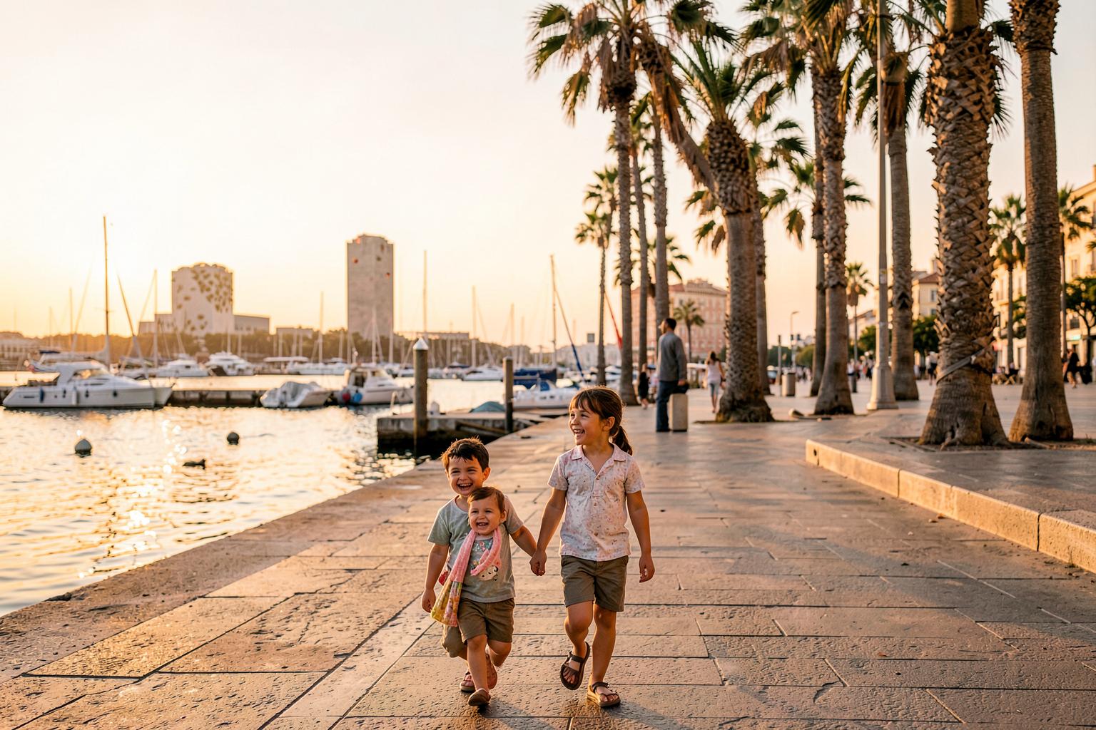 Familia paseando junto al puerto de Málaga con palmeras y barcos al atardecer
