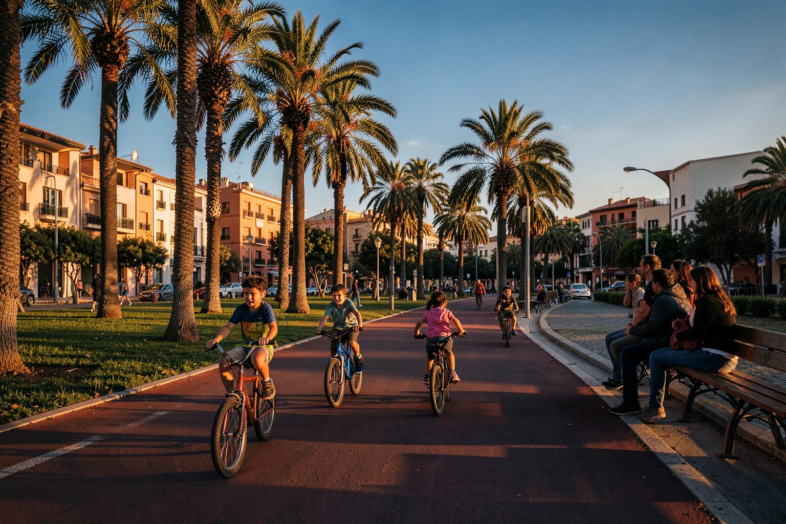 Niños montando en bicicleta por el carril bici de un parque de Málaga entre palmeras al atardecer