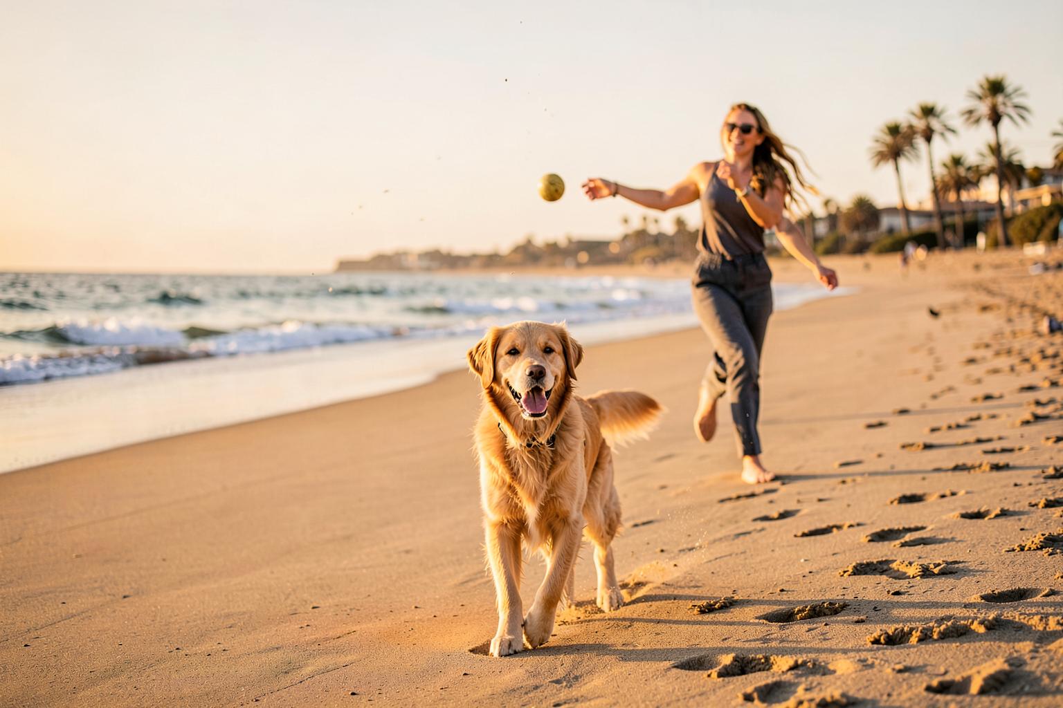 Perro corriendo por la orilla de una playa de arena en la costa de Málaga al atardecer