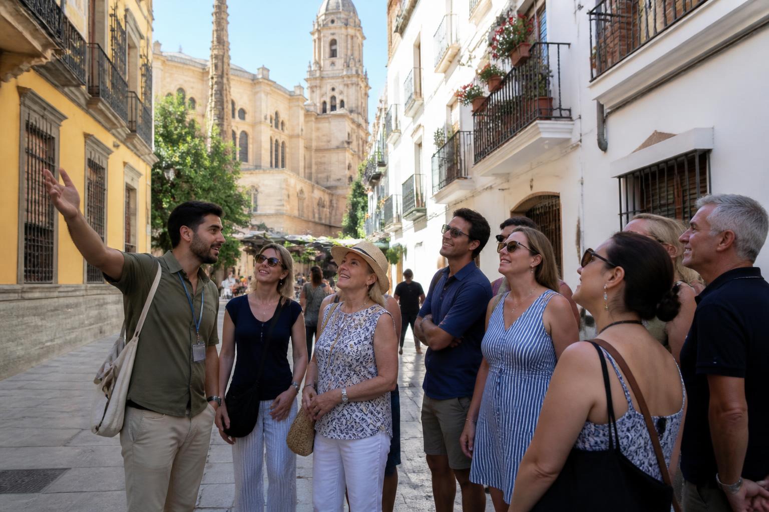 Guía local explicando el centro histórico de Málaga a un grupo pequeño de viajeros